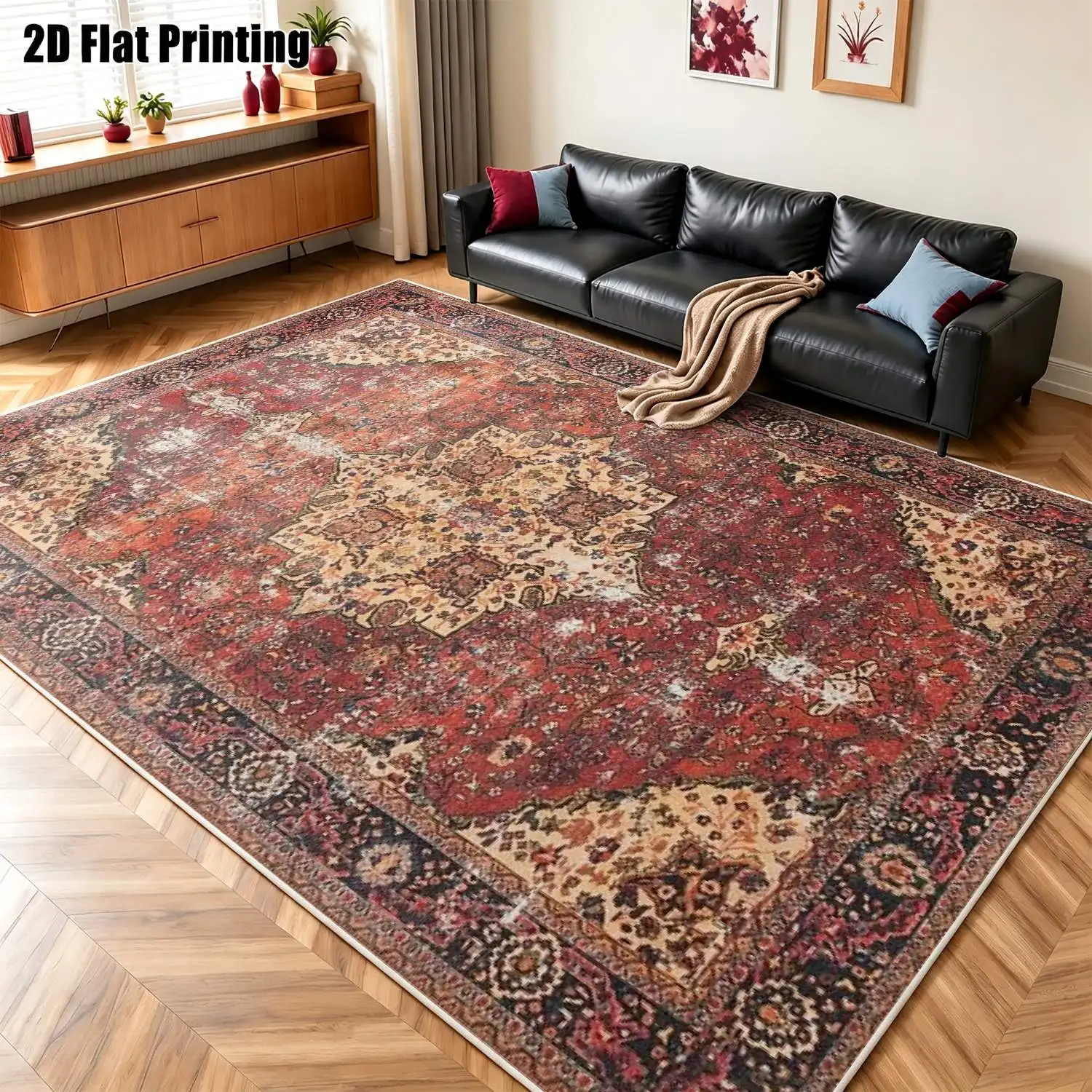 1Pc 2D Printed Velvet Carpet, Red-Brown Retro Geometric Pattern, European Bohemian Style, Machine Washable, Multi-Size, Home Decor Mat