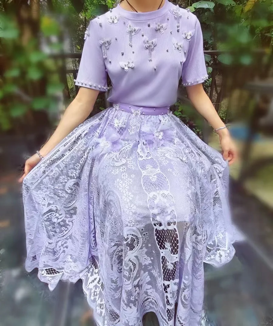 Luxury Style Beaded Butterfly Tassel Knitted Tshirt Women Ice Silk T-shirt Tops Tees Woman Clothing