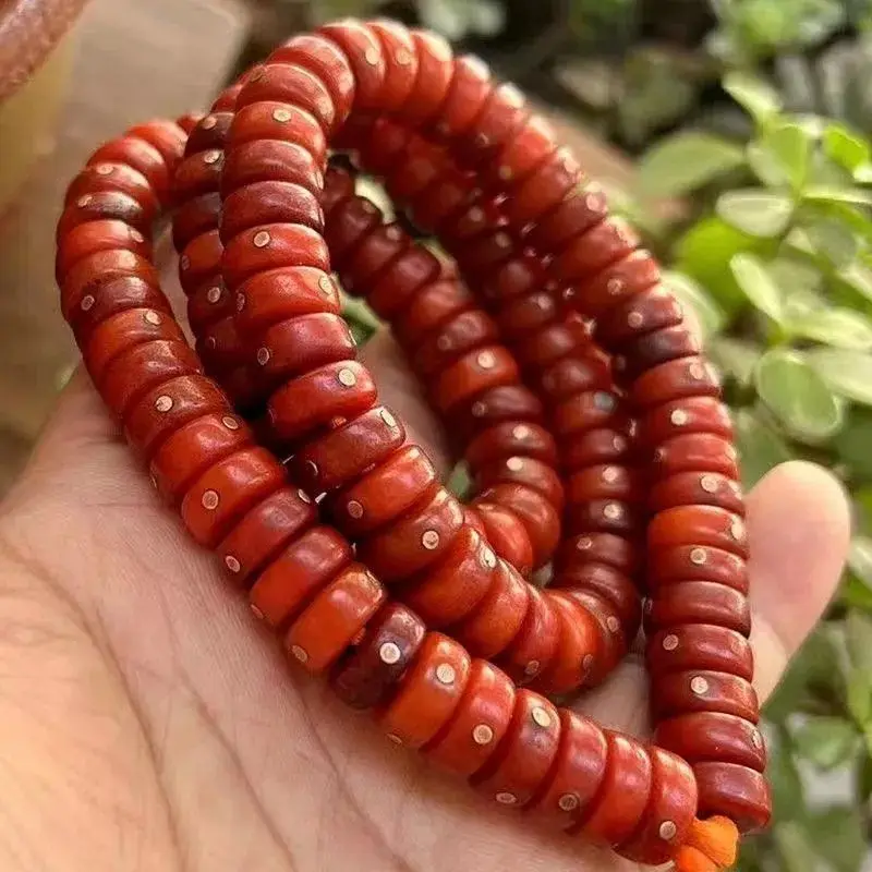 Hand-Polished Inlaid Mantra Point Copper Nail Old Materials Yak Bone Buddha Beads Bracelet Tibetan 108-Foot Handheld