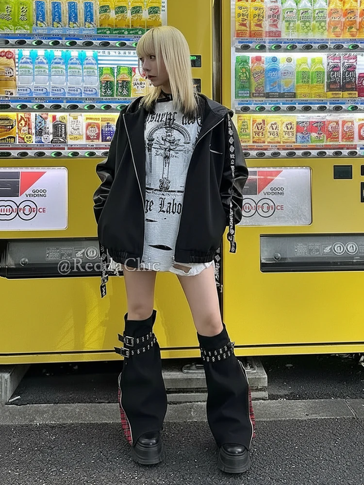 ReddaChic 2-Way Zip Women Leg Warmers Grunge Alt Tartan Plaid Patchwork Belted Bootcut Denim Boots Cover Baddie Y2k Streetwear