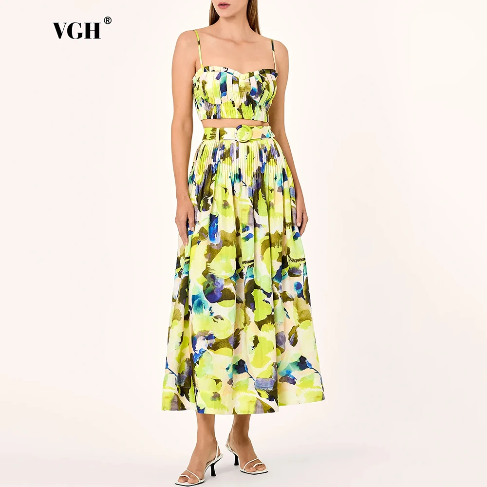 

VGH Print Two Piece Sets For Women Square Collar Backless Tunic Tops High Waist Long Skirts Hit Color Set Female Autumn New 2024