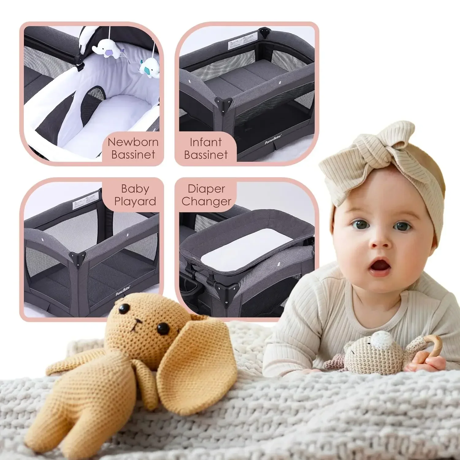 Pamo Babe-Centre de pépinière de luxe pour bébé et tout-petit, berceau, matelas, table de remplacement pour nouveau-né, noir