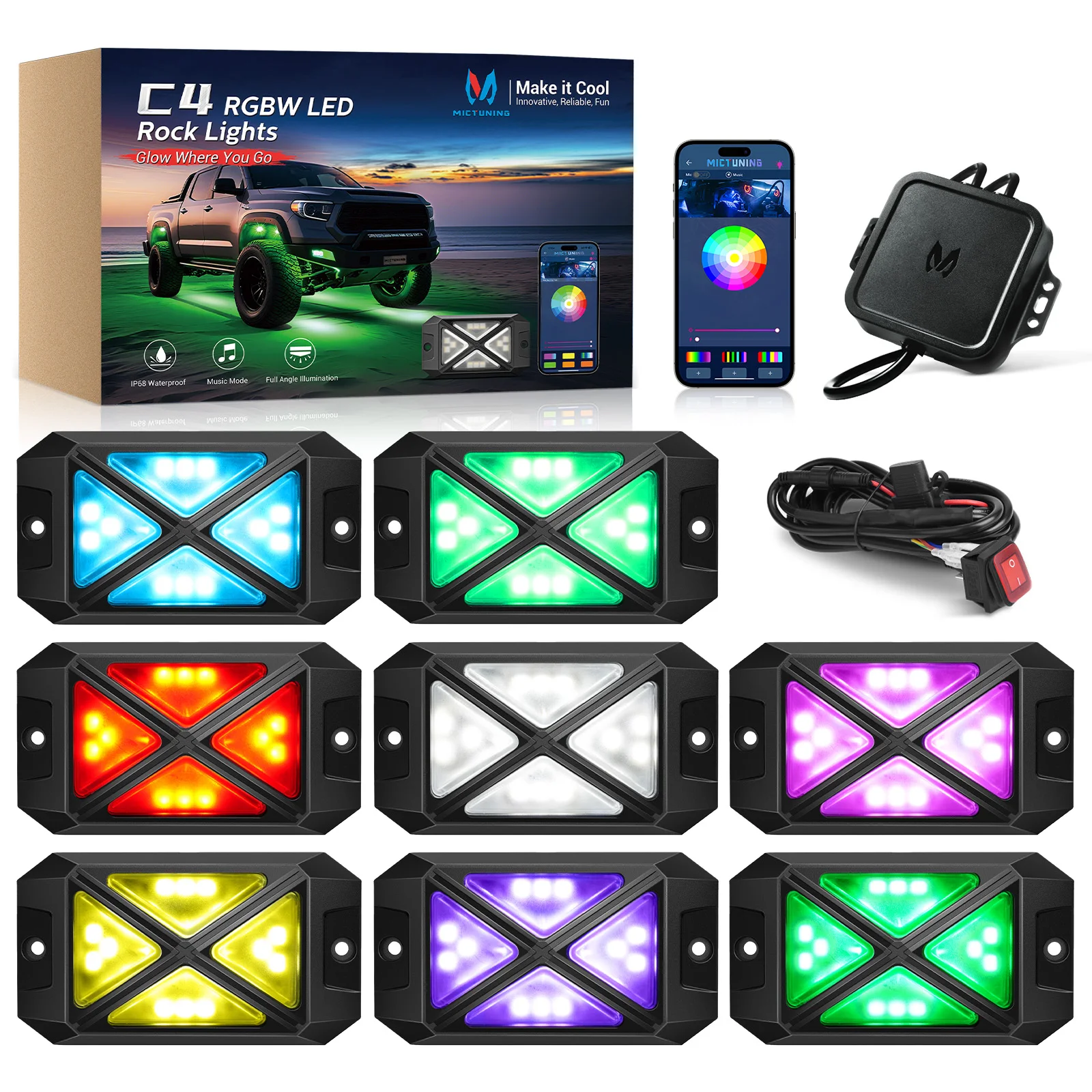 MICTUNING C4 RGBW LED Rock Lights,8 Pods Underglow Neon Accent Lighting Kit,App Control Music Mode IP68 Waterproof for Car UTV