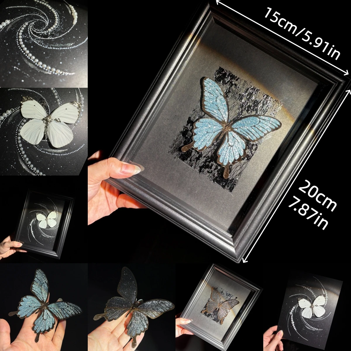 2155 Gothic Style Blue Glitter Butterfly Framed Art Black Background Craft Unique Handmade Home Decor Ornament for Collectors