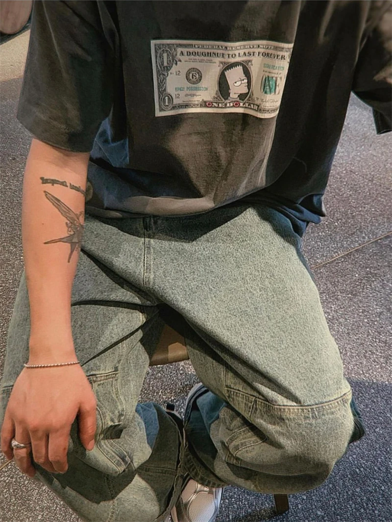 Epide Animated Characters US Dollar Print Washed Vintage Short Sleeved American High Street Casual Loose Top Oversize T-shirt