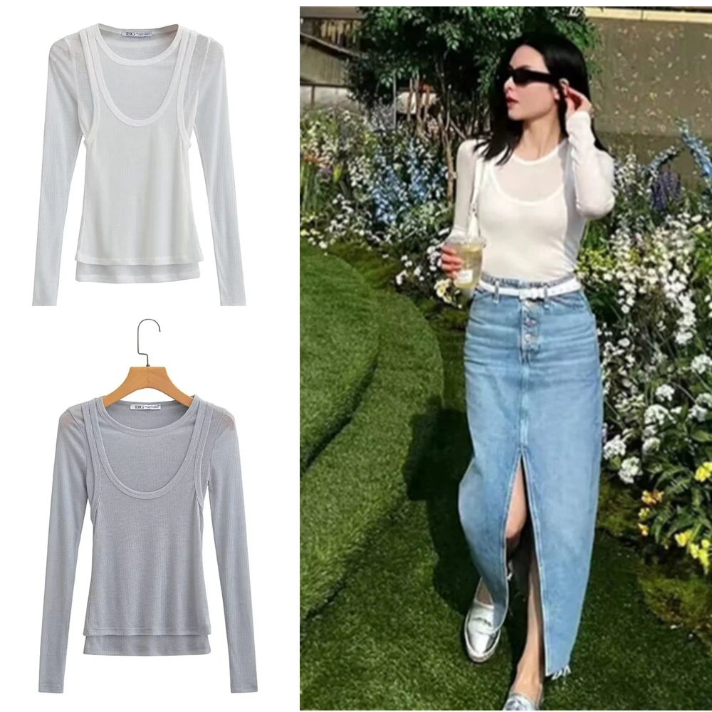 TAOP&ZA Women's 2025 Spring New Fashion All-match Long-sleeved Round Neck Translucent Suspender Overlay T-shirt 0264305