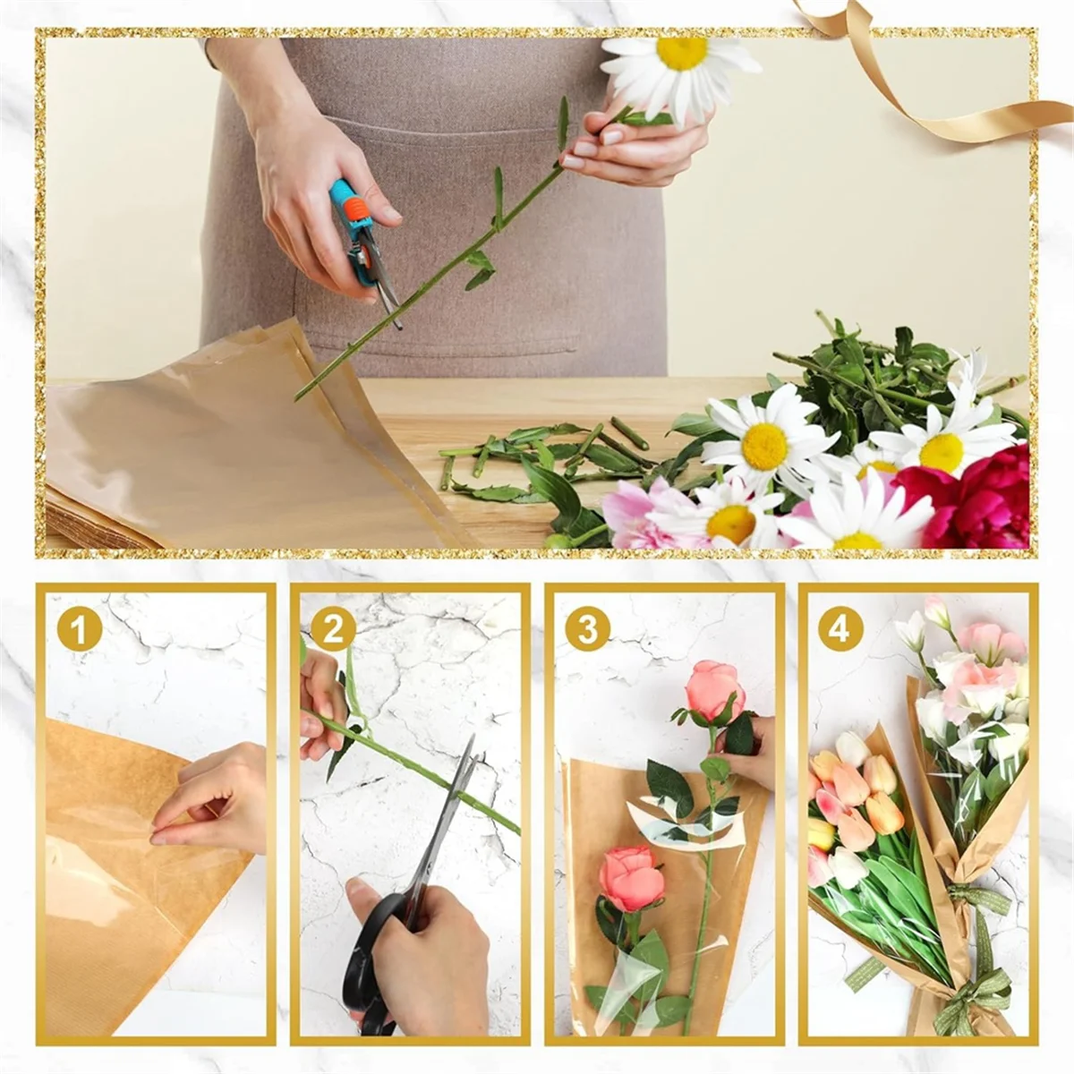 

50 шт. пакеты для упаковки цветов с лентой, крафт-бумажные пакеты для упаковки цветов, подходят для свадьбы, дня рождения