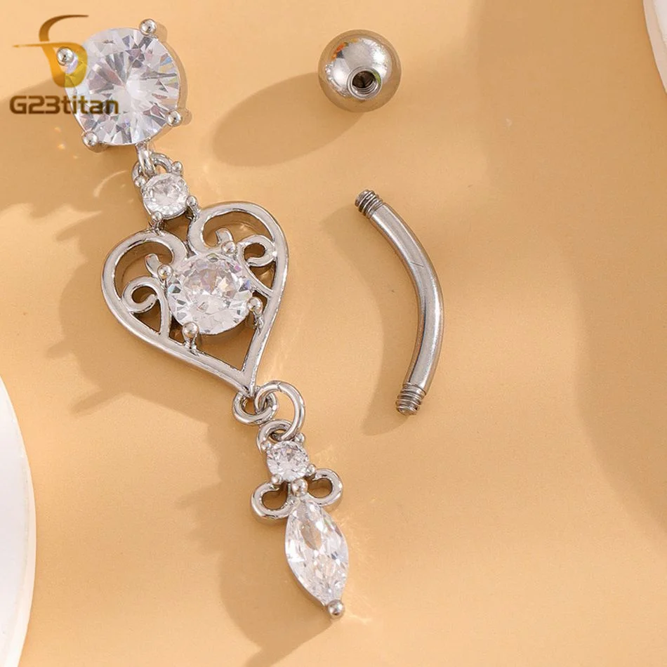 G23Titan Trendy Bohemia Heart Shaped Pendant Zircon Belly Button Ring 14G Surgical Titanium Steel Body Piercing Navel Jewelry