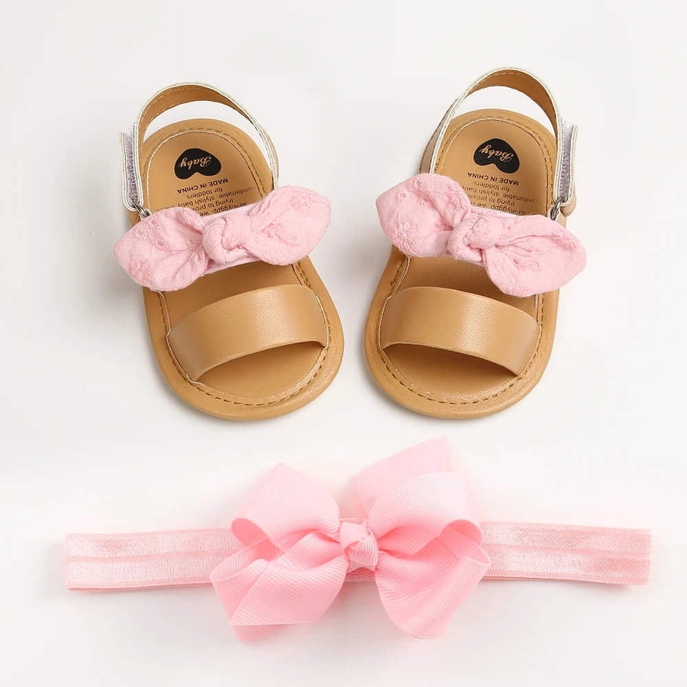 2pcs/Set Summer Cute Bowknot Toddler Girl Shoes Canvas Newborn Garden Sandals Baby Anti-slip Soft Baby Girls Shoes 0-18M with Fr