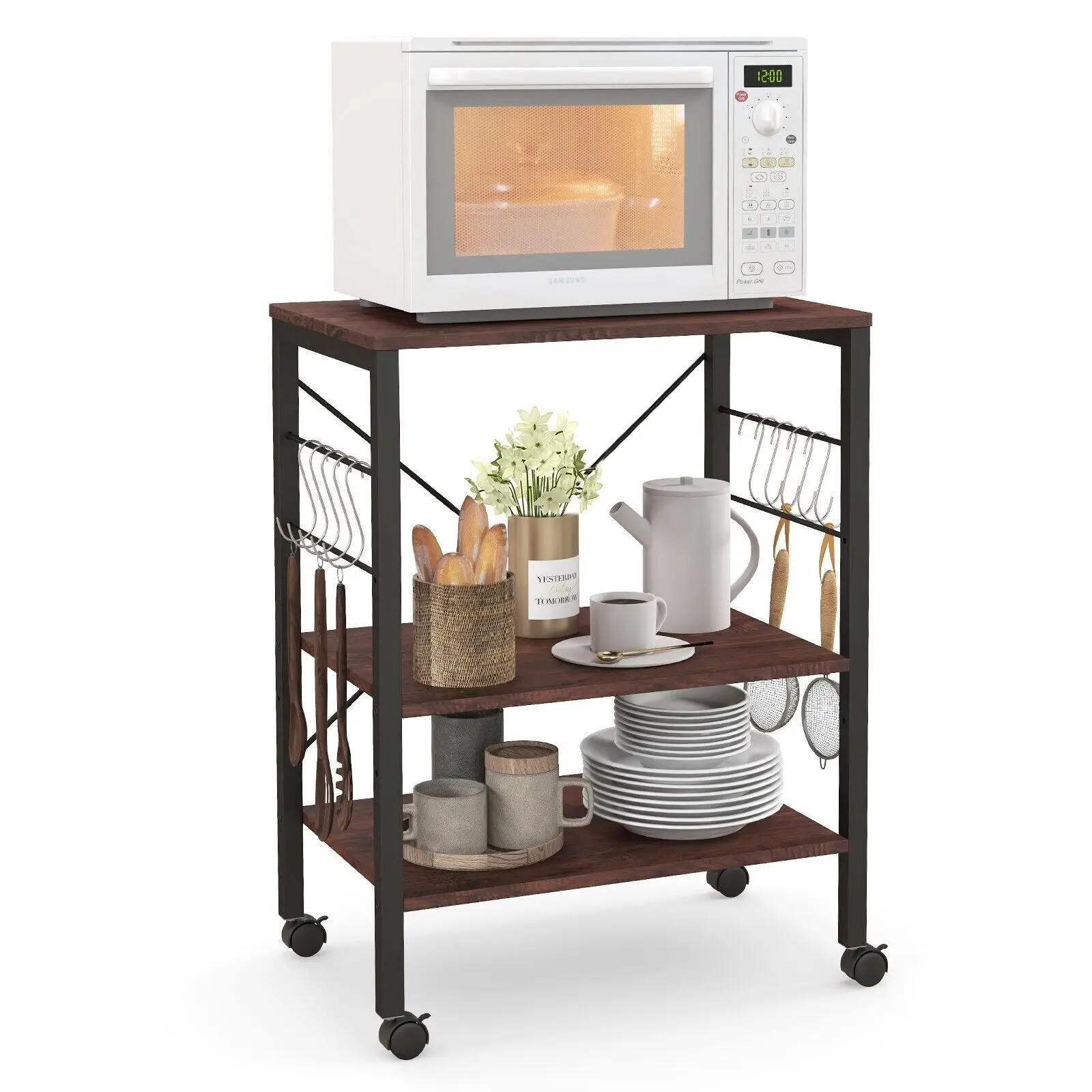 GOFLAME Baker's Rack w/ Wheels, 3-Tier Kitchen Storage Cart w/ Adjustable Shelves, Microwave Stand w/ Hooks