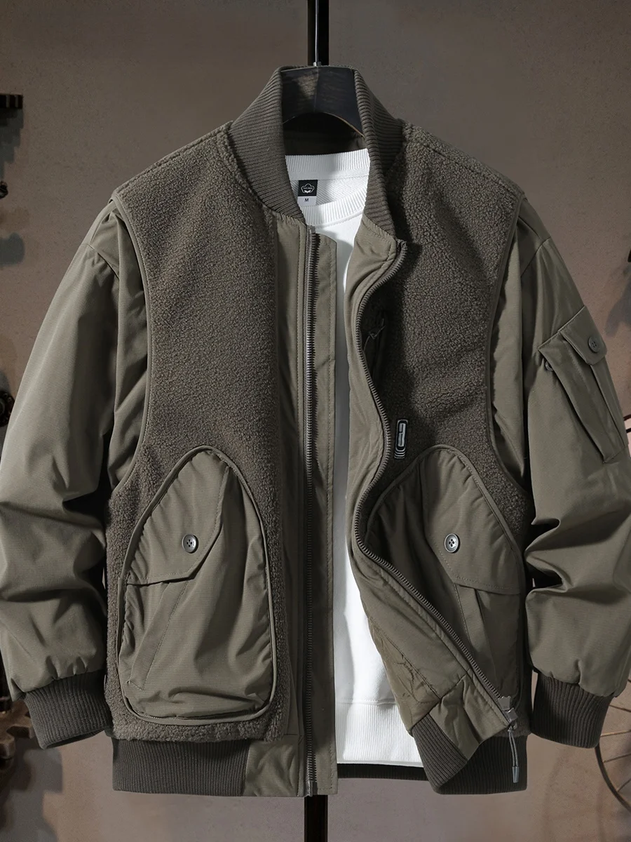 

Модная мужская рабочая куртка с воротником-стойкой, имитация двухслойного дизайна, теплая хлопковая куртка-пальто