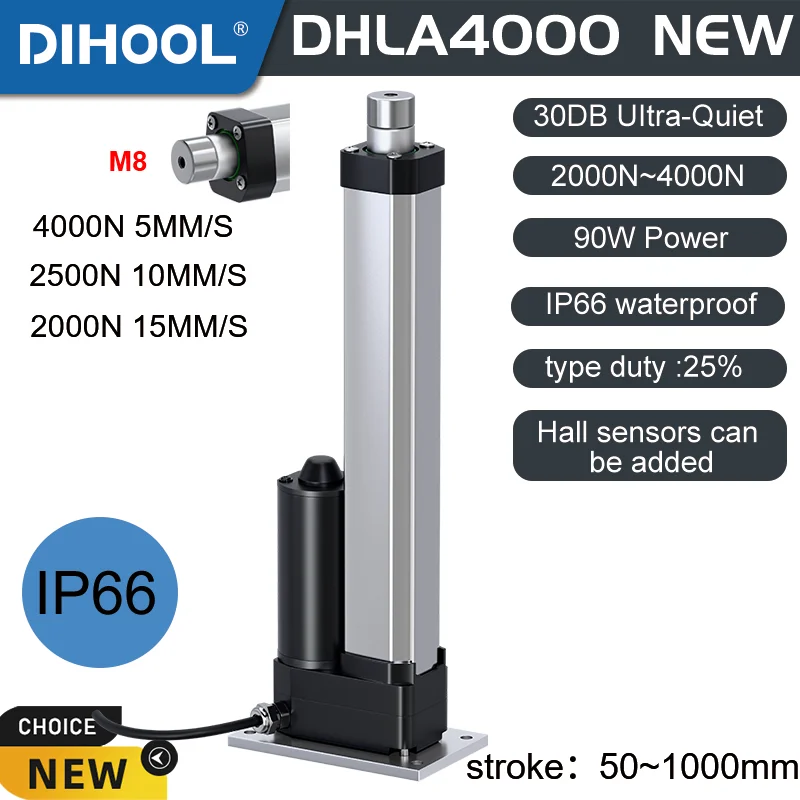 DHLA4000 Electric Linear Actuator Flat Bottomed Installation 150mm 200mm 250mm 500mm 1000mm Stroke Stainless Steel Inner Tube