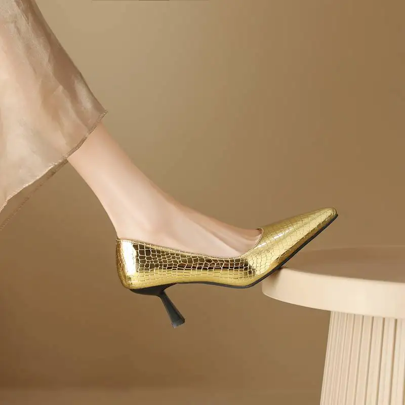 

ORCHALISA Office Ladies Shoes Pointed Toe Thin Heels 7.5cm Slip On Shallow Stripe Sexy Size 46 47 48 Female Pumps