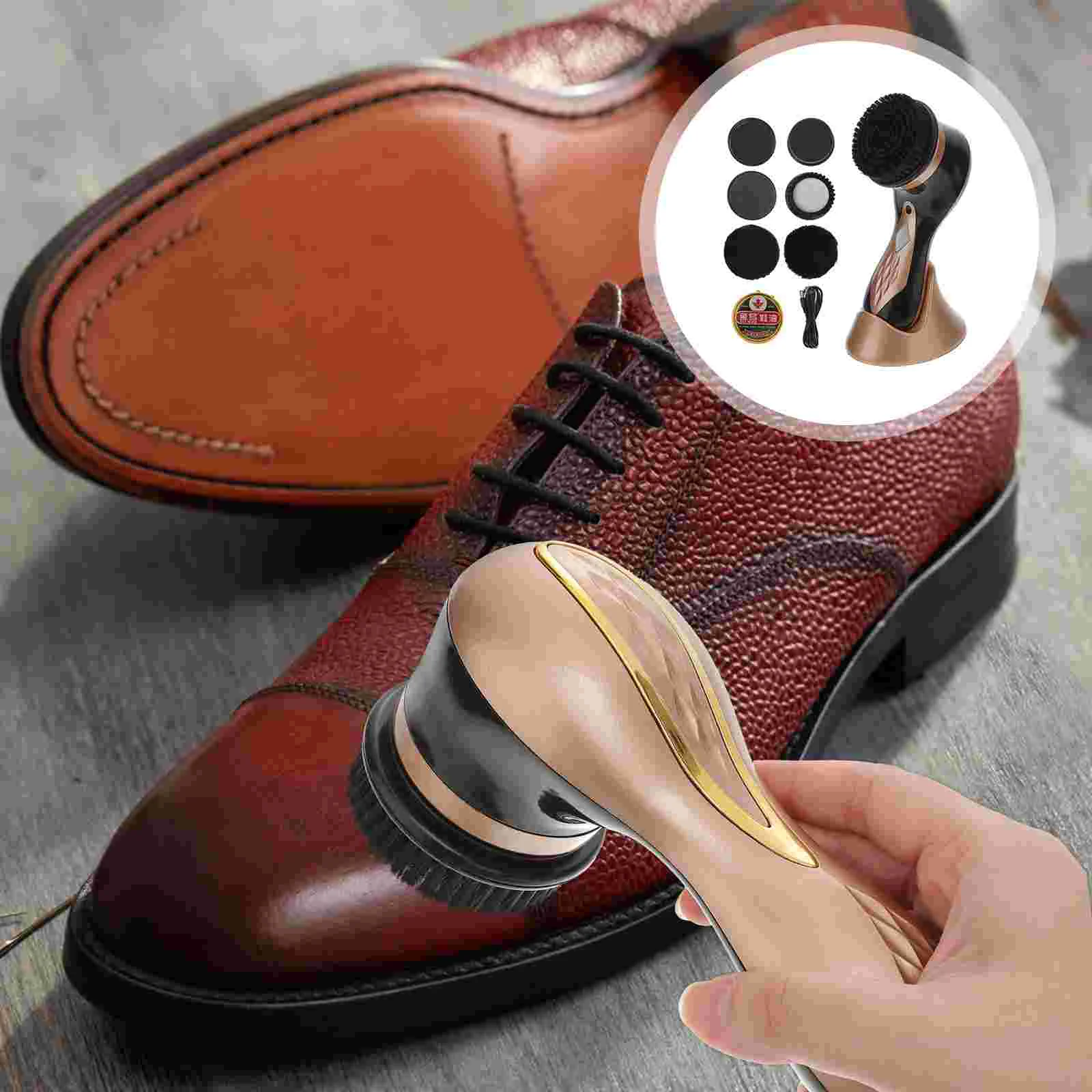 Electric Shoe Polisher Brush Cleaner Shiner Portable Wireless Care for Shoes Bags Sofa Cleaning Tool Golden 1 Set