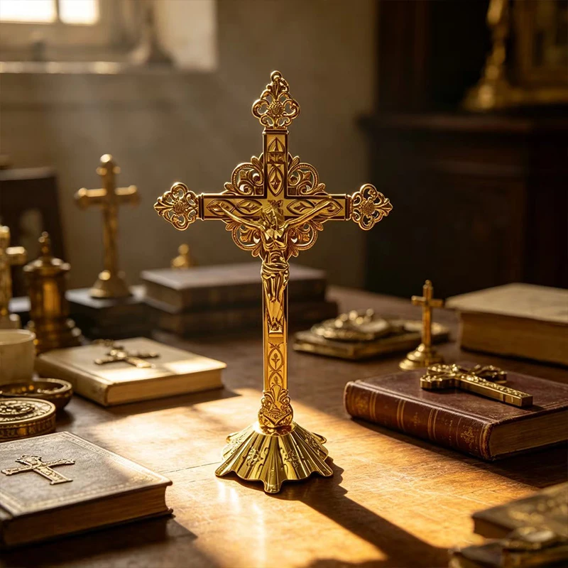 Hochwertiges vergoldetes stehendes Kruzifix mit Jesus Christus für Kirchenaltare, Tischdekoration und religiöse Segenszeremonien – Detail 2
