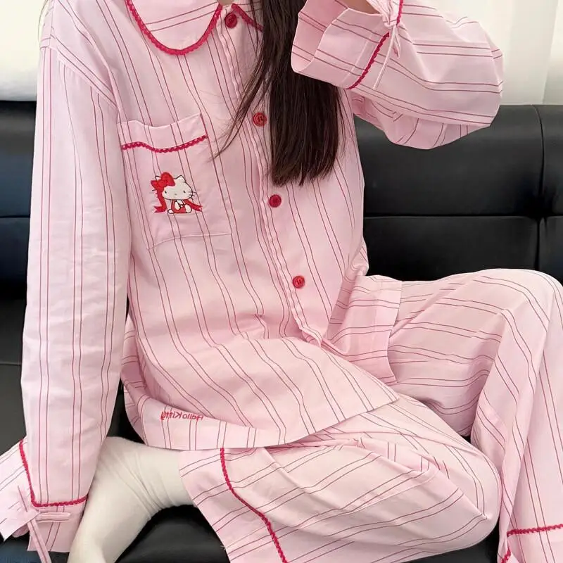 

Sanrio Hello Kitty Pajama Set Women's Homewear Striped Spring Summer Autumn New Long Sleeve Long Pants Loose Fit Loungewear Set