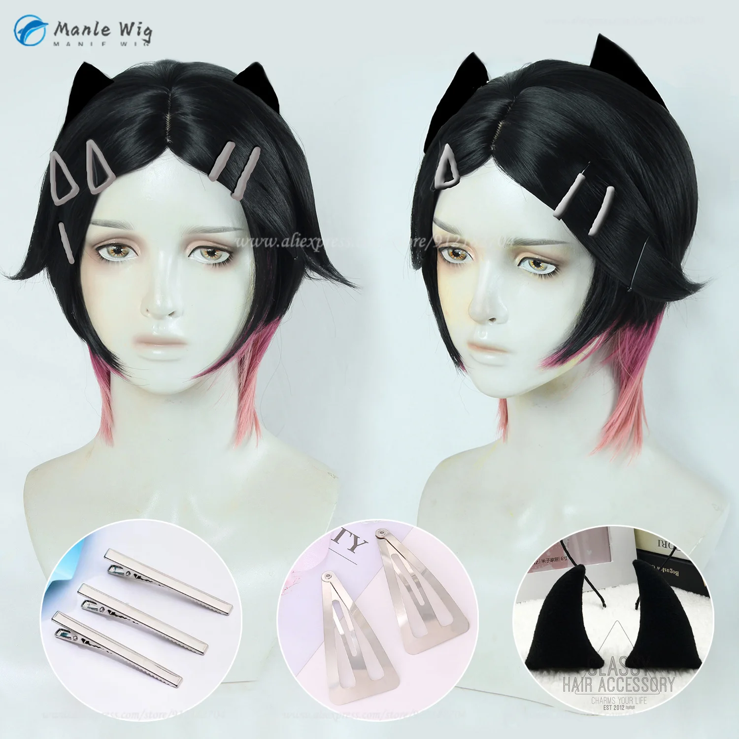 Parrucca Cosplay di chiodi di garofano donna parrucche corte di Anime rosa nera parrucche sintetiche resistenti al calore parrucche per feste di Halloween + cappuccio per parrucca