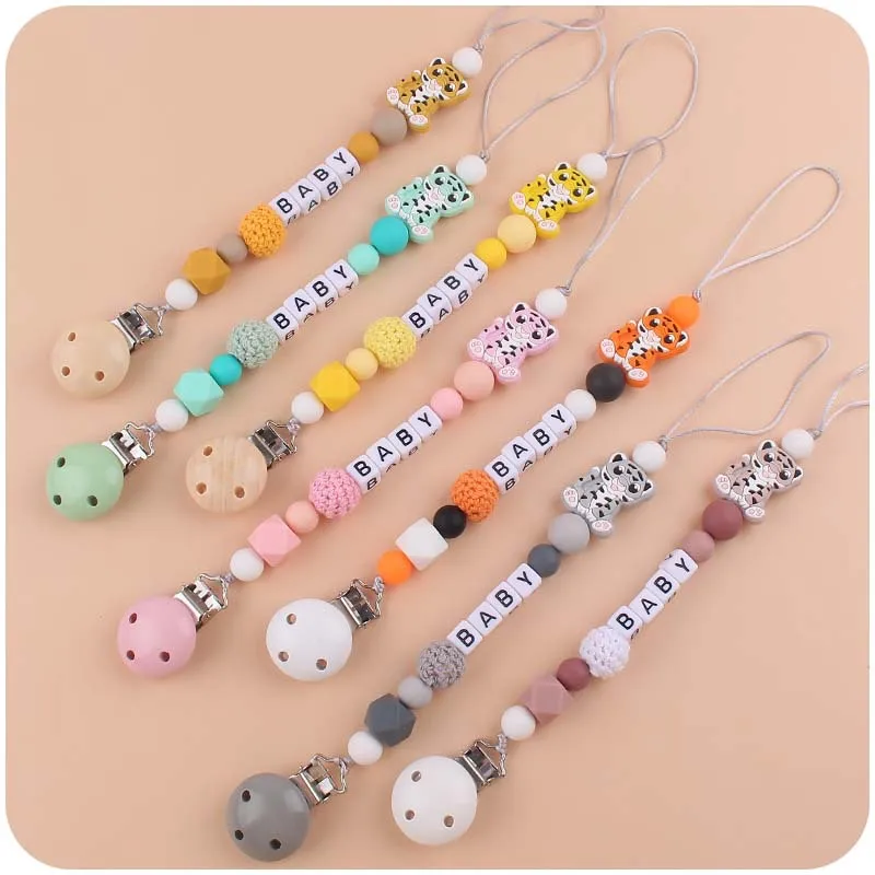 ABCPICK Baby Tiger Design Beech Wooden Baby Pacifier Clip Food Grade Silicone Beads Baby Pacifier Chain Clip Holder