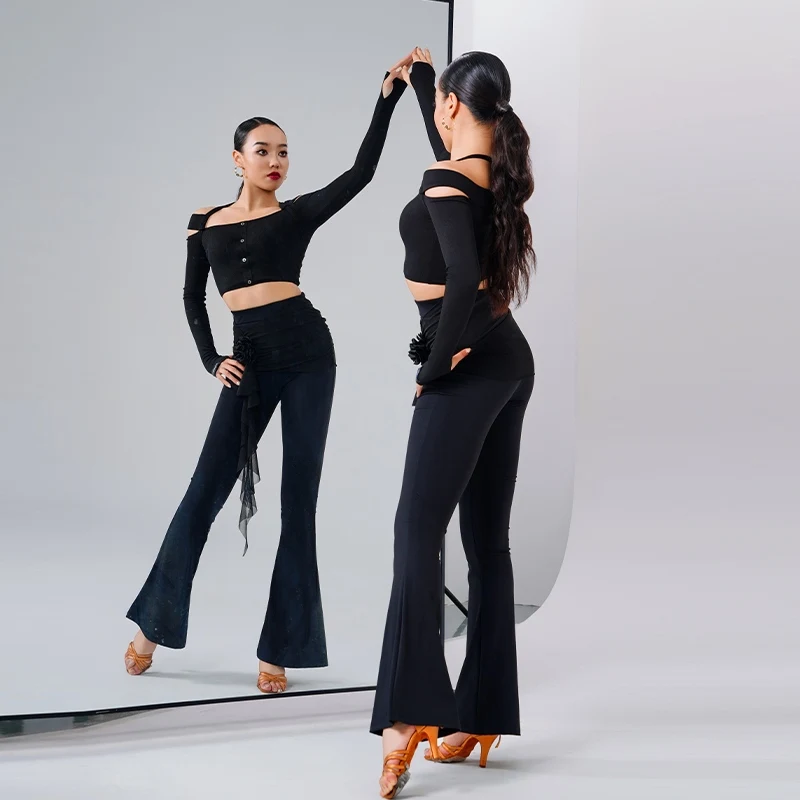 New Latin Dance Dress Female Adult Tango Ballroom Dancer Long Sleeve Top Yoga Skirt Trumpet Pants Samba Practice Wear XH1116