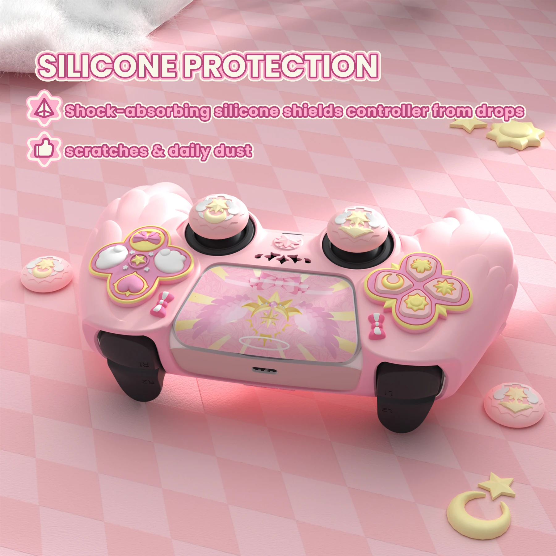 غطاء سيليكون PlayVital Magic Wings لوحدة تحكم PS5، جلد ناعم مضاد للانزلاق مع أغطية وملصقات Thumbstick - وردي