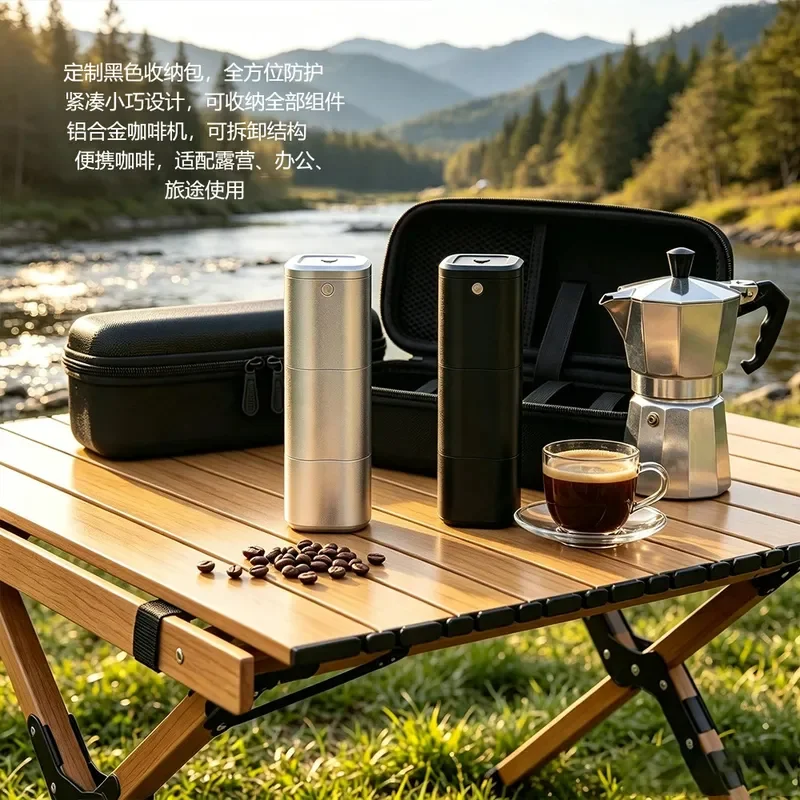 Portable Aluminum Alloy Coffee Maker Set with Detachable Bean Grinder for Camping Office Travel Outdoor Gear Compact Design