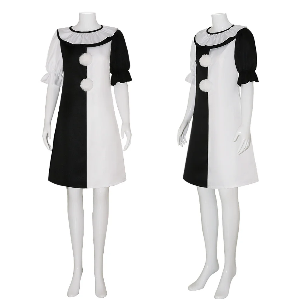 Kostum Cosplay Joker Badut Seni Terrifier Jumpsuit Pria Permainan Peran Wanita Gaun Mewah Setelan Gaun Horor Pesta Karnaval Halloween