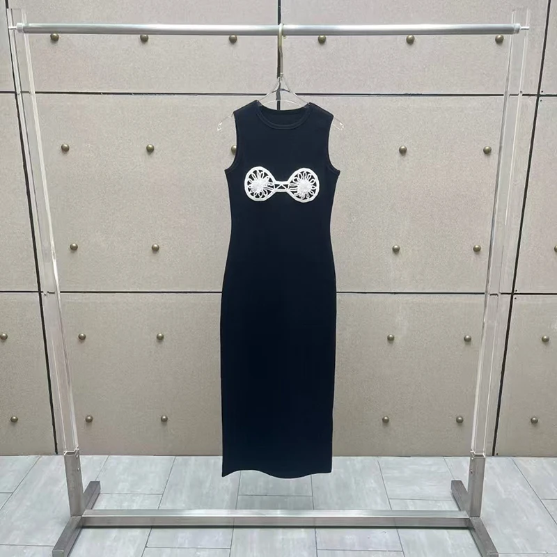 Damska sukienka patchworkowa z gwintem, okrągły dekolt, bez rękawów, sukienka midi, wysokiej jakości bawełniana sukienka, lato, nowość, 2025