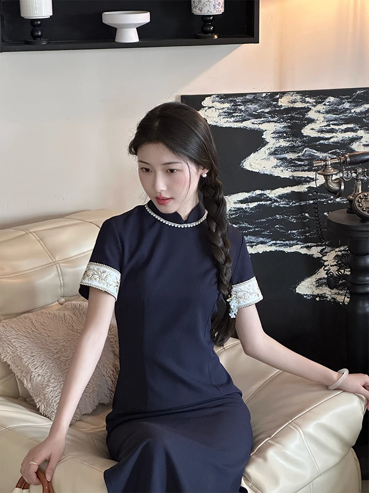 

Ретро-платье в стиле республика-народная Республика Китай, синее, высококачественное, новое, для повседневной носки, летнее, с коротким рукавом, миди, 2025 года