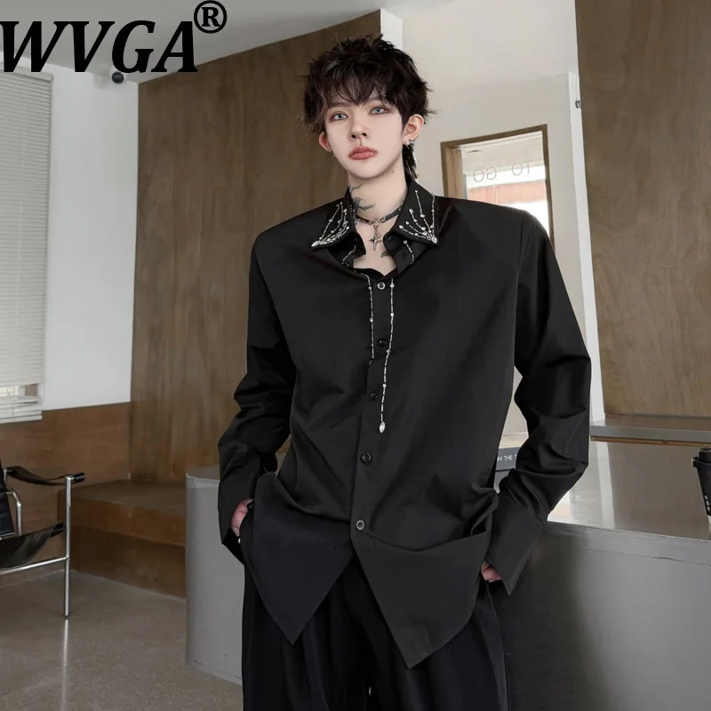 WVGA 2026 Autumn New Men Solid Color Turn-down Collar Handmade Beaded Long Sleeve Shirt Niche Chic Casual Two Colors Tops W27087
