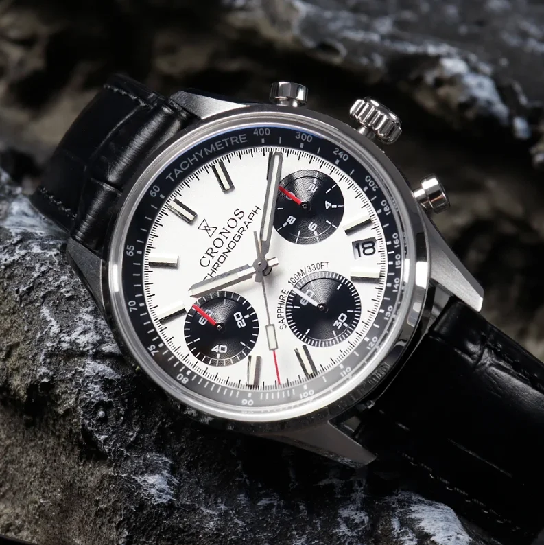 

CRONOS Men Chronograph Watch Pilot 38.5mm Panda Quartz Wristwatch Sapphire 10ATM Waterproof BGW-9 Luminous Miyota 6S20