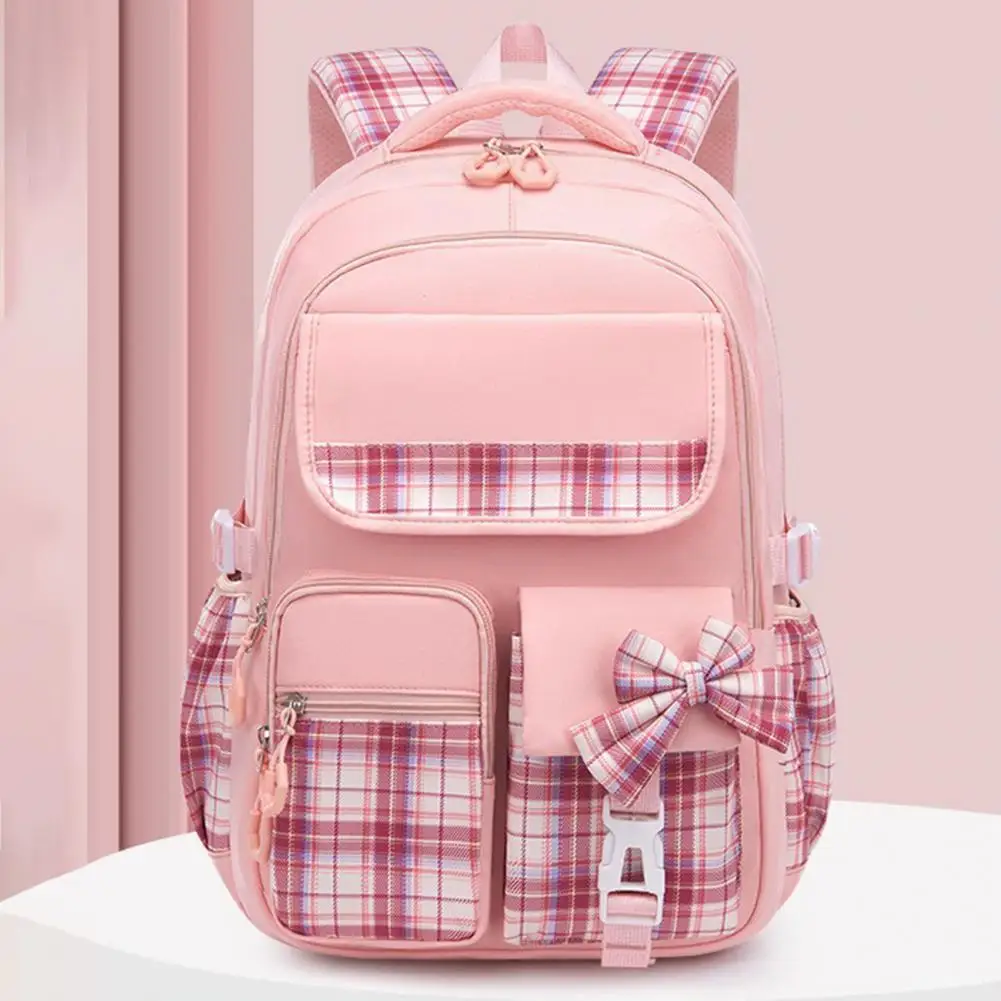 Organisierte Aufbewahrung Schul rucksack Plaid Print Grundschule Schult asche mit Bogen Dekor verstellbaren Schulter gurt für Schüler