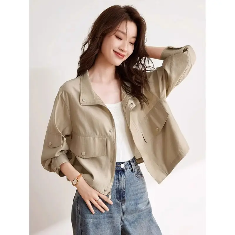 Spring Autumn New Solid Thin Short Coats Long Sleeve Loose All-match Button Fashion Jackets Top Casual Vintage Women Clothing