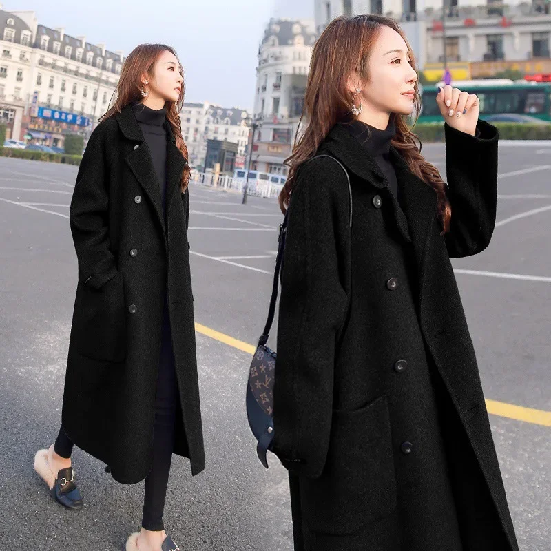 2021 New Autumn Winter Women\'s Wool Coat Female Fashion Long Single Breasted Slim Solid Korean Style Warm Elegant Blends