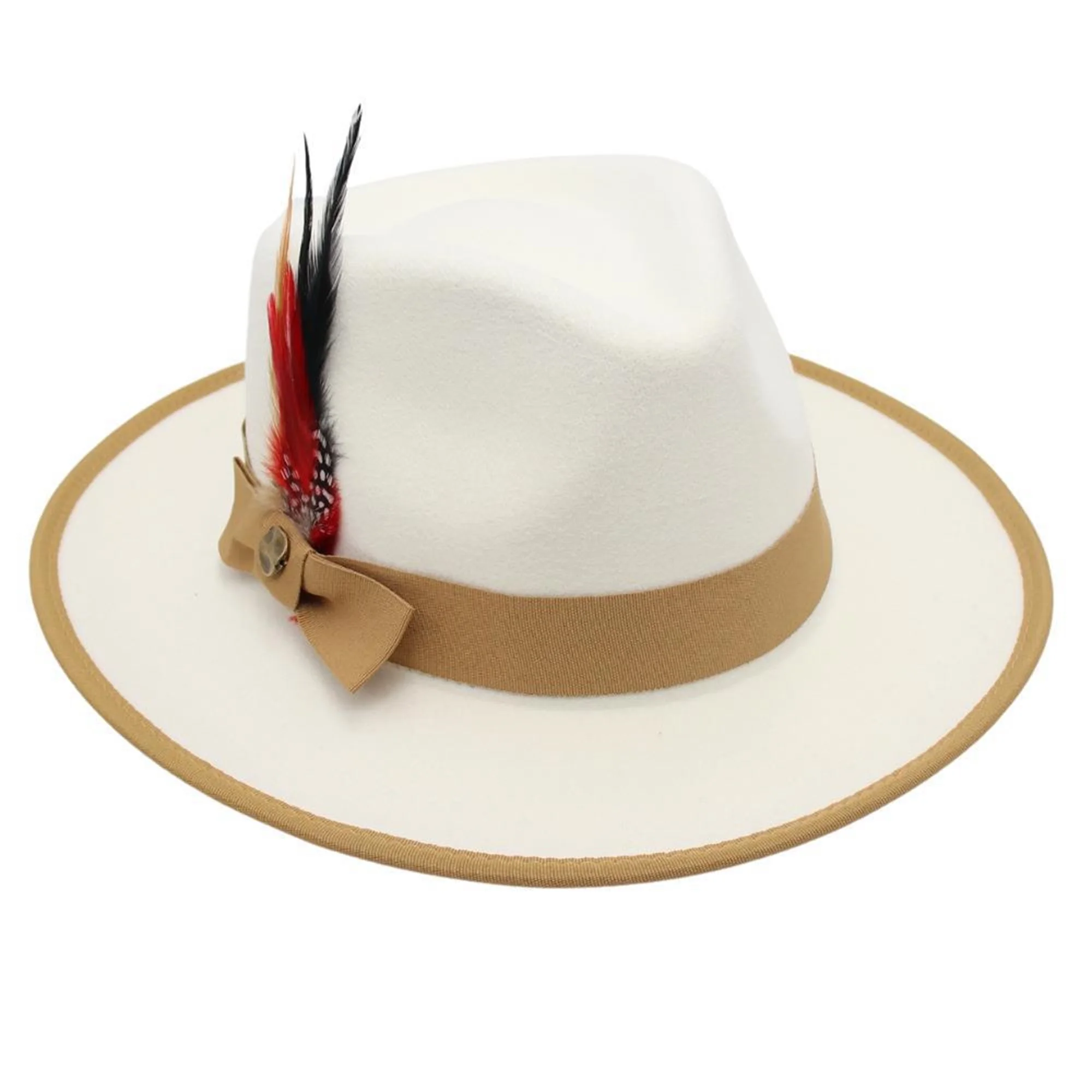 قبعة فيدورا من الصوف الكلاسيكي للنساء والرجال مع شريط ريش عتيق بحافة واسعة وقبعة جاز بنما بتصميم كلاسيكي أنيق #4