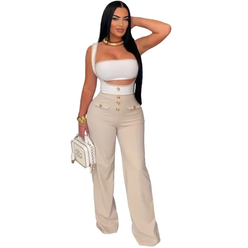 Fashion Women 2 Piece Set Strapless Crop Top Color Patchwork Buttons 2024 Spaghetti Straps Wide Leg Pants Jumpsuits Streetwear image 6