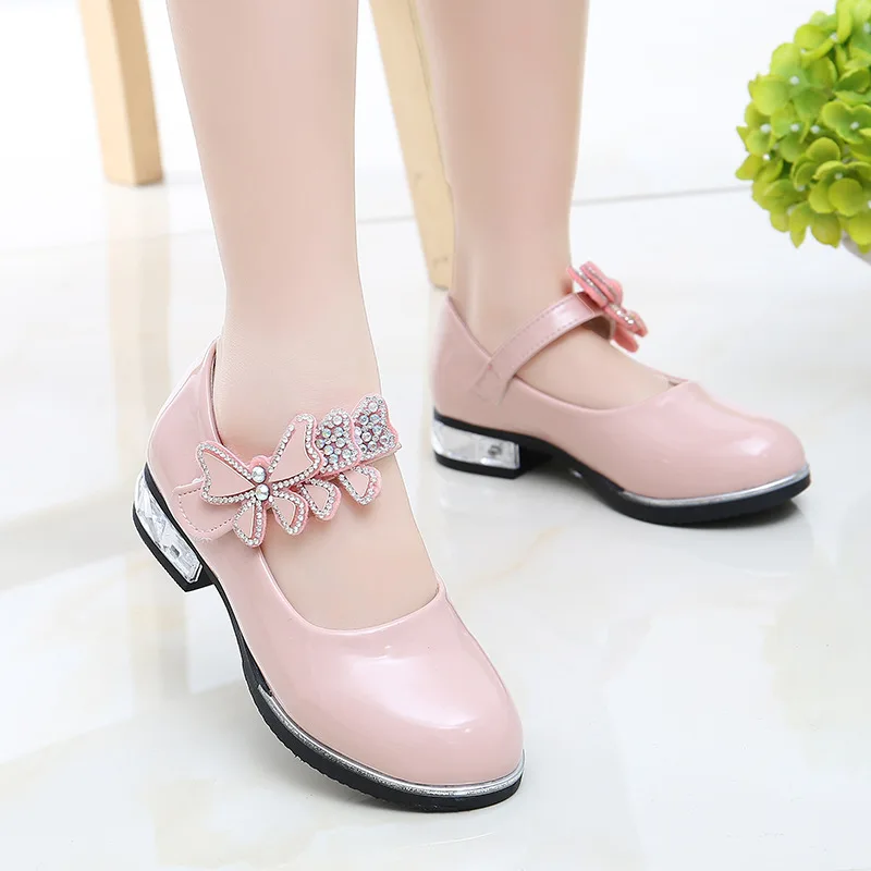 Girls Leather Shoes 2023 Spring Summer Girls' shoes Kids Dress Shoes High Heels Butterfly-knot Dress Shoes for Wedding Chic