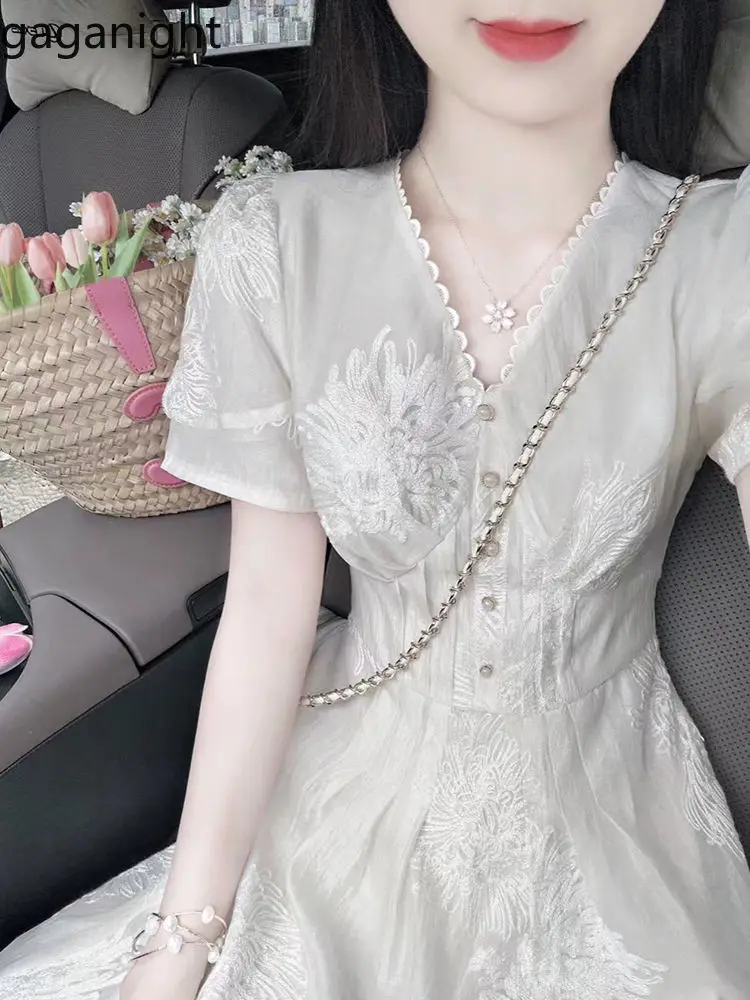 Gaganight Women French Sweet Gentle V neck Embroidered High End Dress Female 2024 Summer New Waist Slimming Long Dresses Female