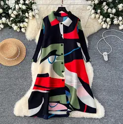 Miyake Pleated Large Size Shirt Dress Women's 2026 Autumn New Colorblock Print Stand Collar Loose Fat MM Slim Stretch Cardigans