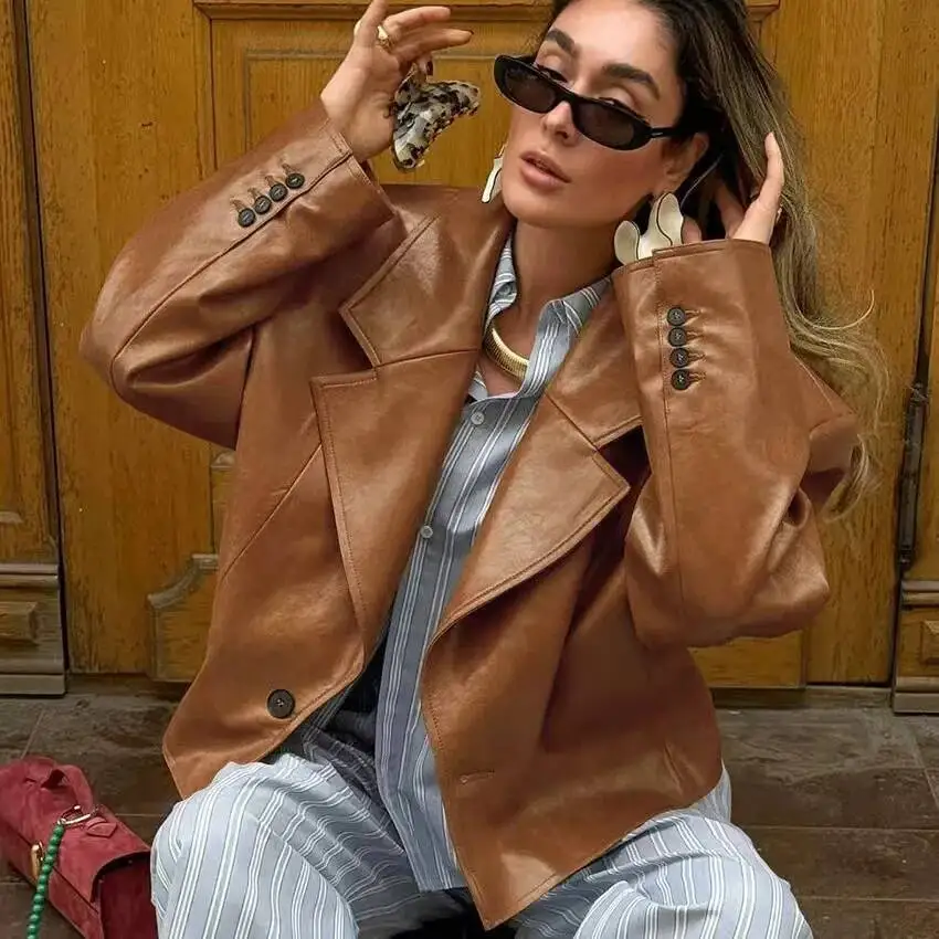 Veste en cuir Pu pour femme, manteau à manches longues, col rabattu, boutons, Locomotive, Streetwear urbain, automne 2025