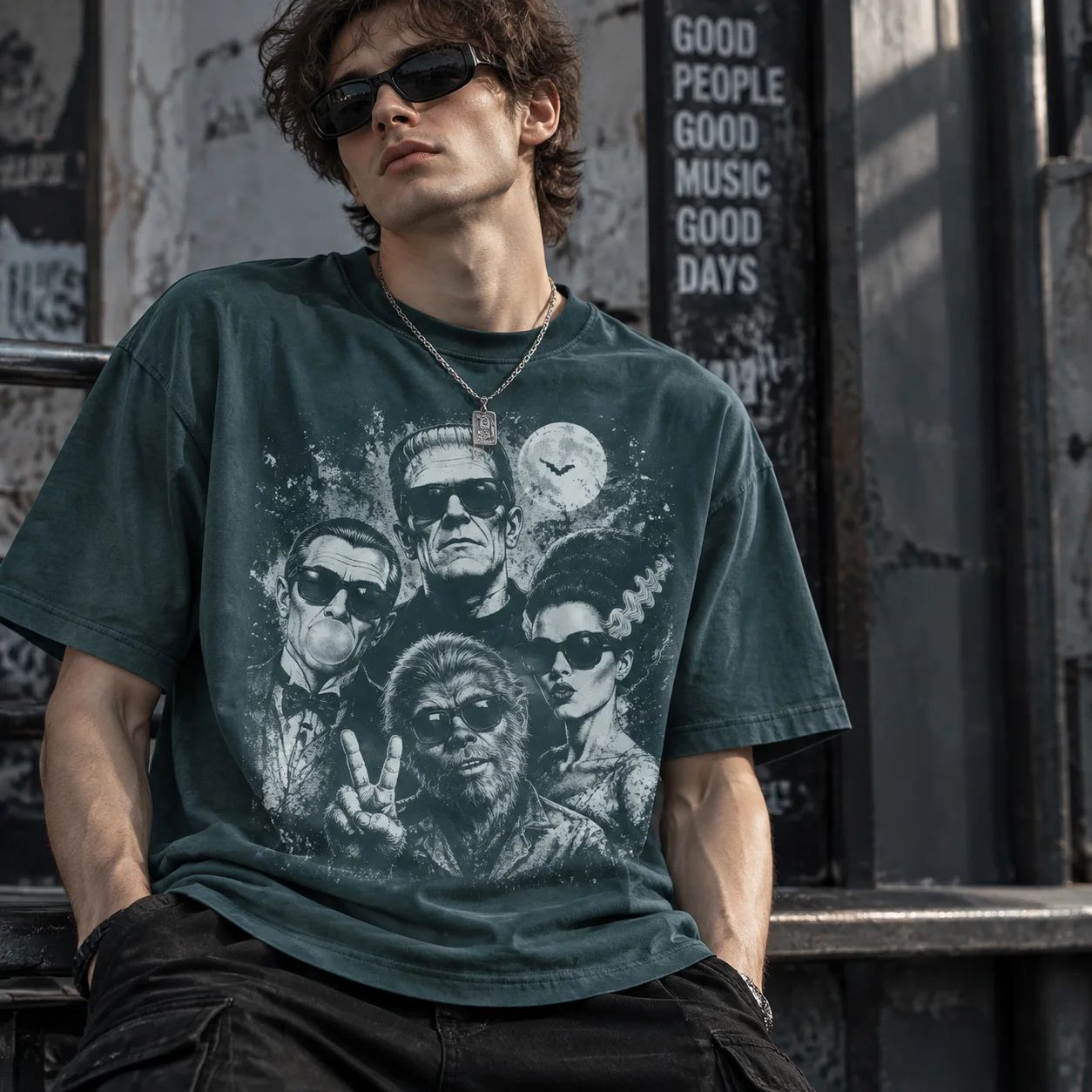 2026 Vintage Halloween Monster Selfie Polyester Tee, Frankenstein Wolfman Dracula Bubblegum Print, Halftone Unisex Halloween Tee