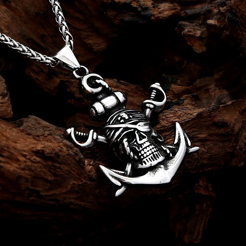 Gothic Pirate Anchor Skull Stainless Steel Pendant Necklace Pirate Skull Nautical Amulet For Men And Women Punk Fashion Jewelry view 2