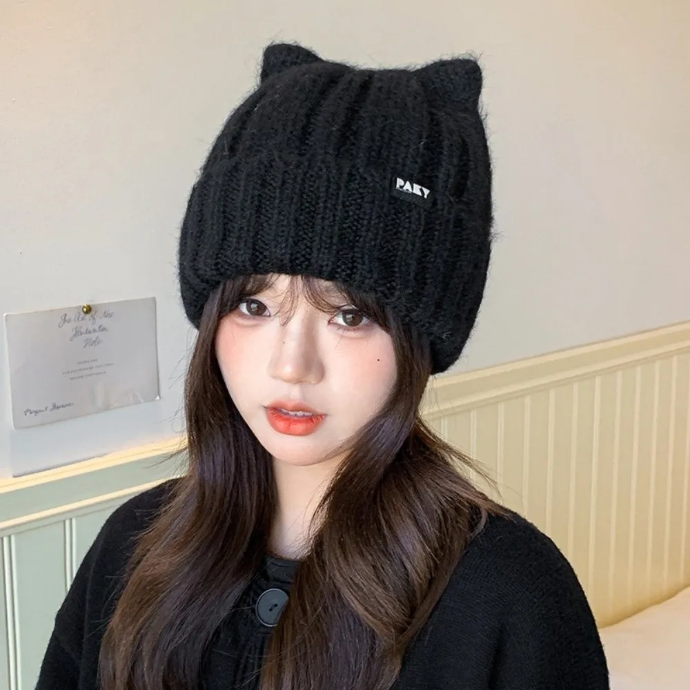 لطيف الصوف آذان القط قبعة Y2k يندبروف بلوفر مغزول قبعة دافئة الكورية نمط قبعات صغيرة للنساء الفتيات