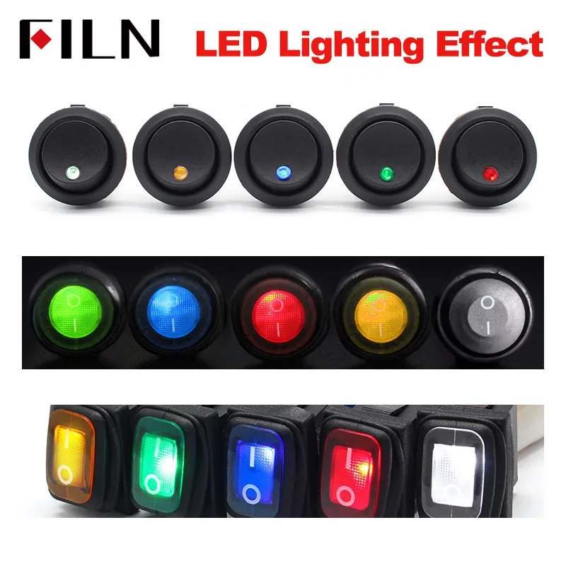 FILN 5Pcs ON-OFF 12V 24V 110V 220V 6A Heavy Duty  DPST Sealed Waterproof T85 IP67 Auto Boat Marine Toggle Rocker Switch with LED