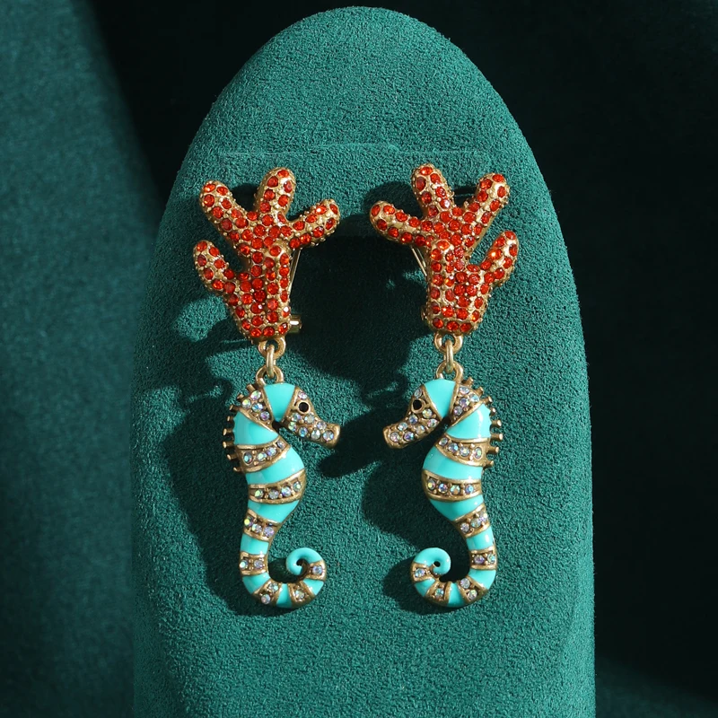 Vintage azul cavalo marinho brincos mulher strass cristal vermelho coral esmalte animal verão jóias praia tendência 2025 novo