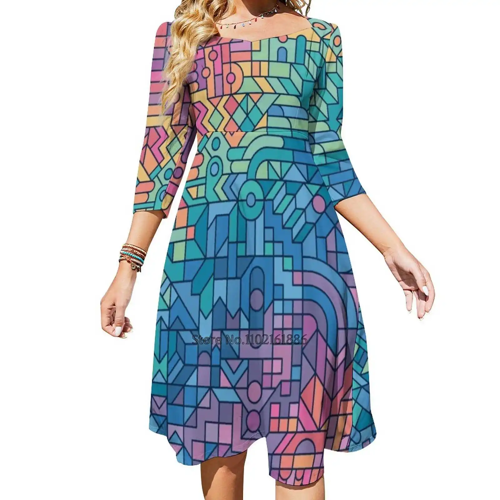 Colourful Chaos Back Lacing Backless Dress Square Neck Dress Fashion Printed Dress 6Xl Pattern Rainbow Abstract Detail