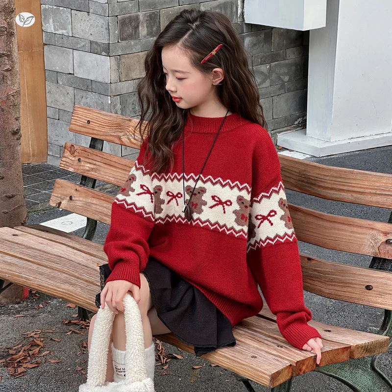 

Girls' Intarsia Knitted Sweater, Suitable for Teens Aged 7-14, Autumn/Winter Knitted Cardigan, Stylish Innerwear