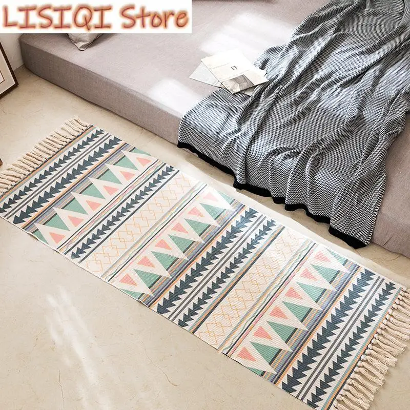 

New Luxurious Bohemian style cotton linen soft carpet handmade tassel carpet living room bedside mat