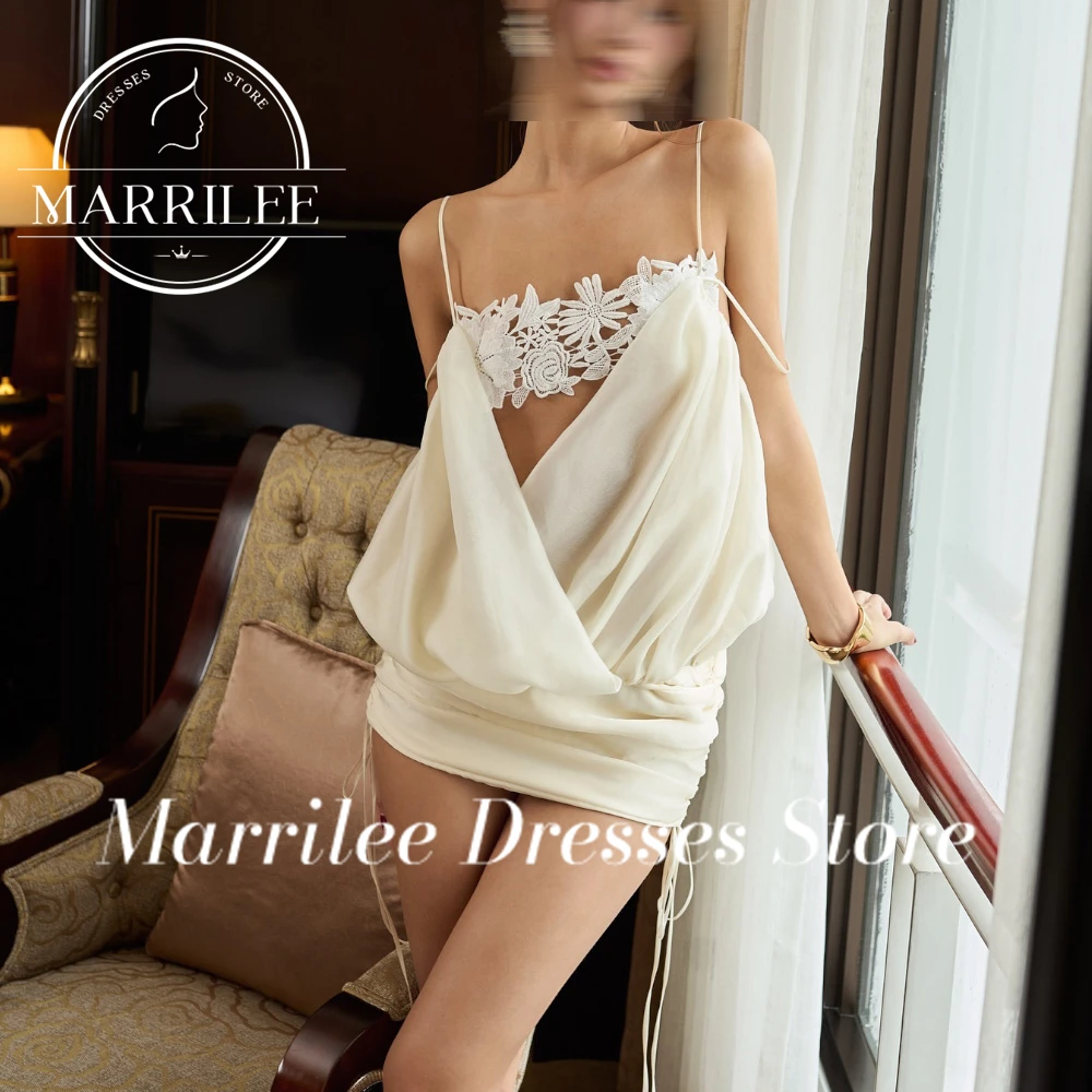 Marrilee Customized Sexy Spaghetti Straps V Neck Solid Color Sheath Lace Above Knee Length Short and Elegant Party Gowns