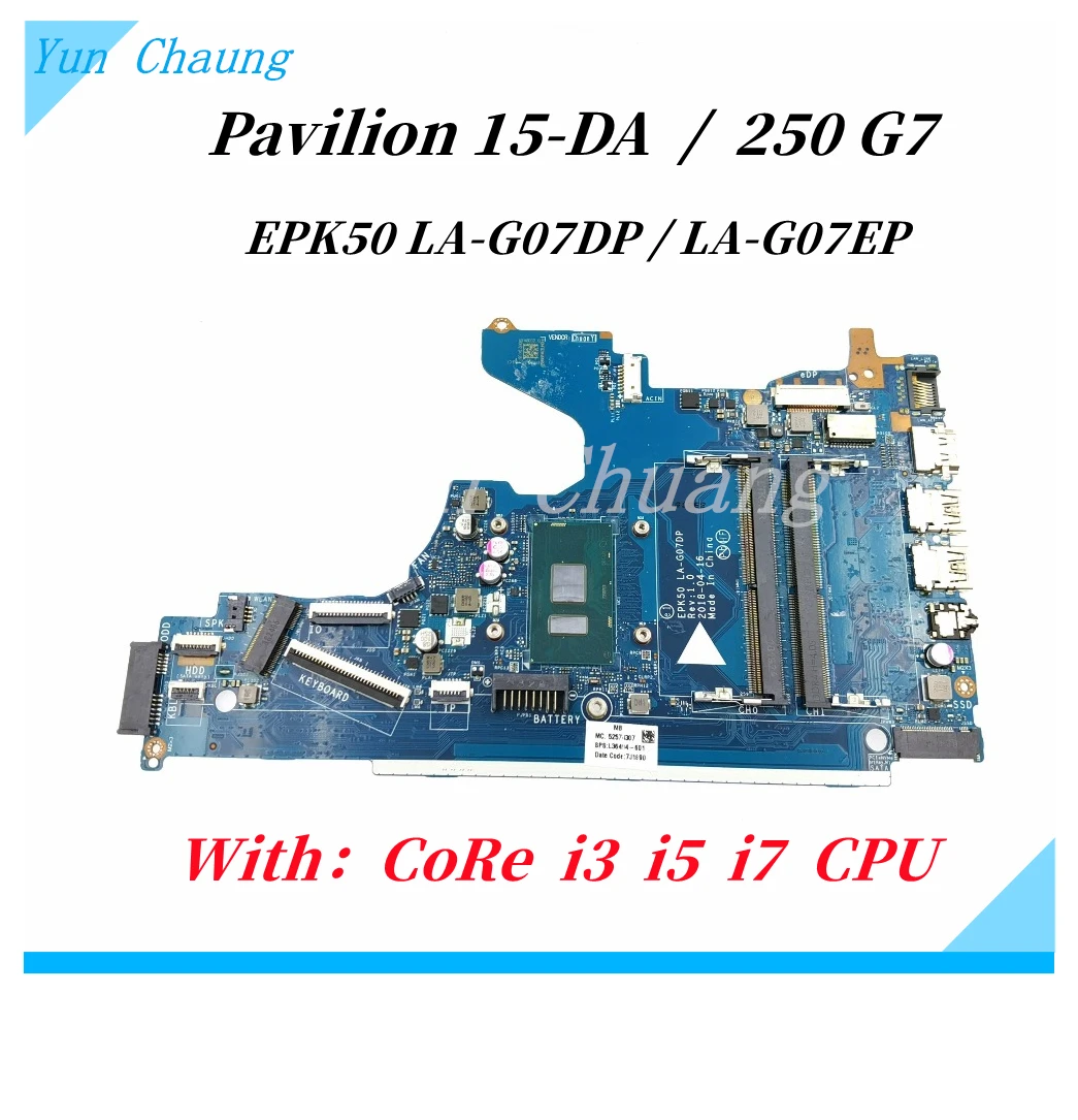 para hp 15 da 250 g7 computador portatil placa mae core i3 i5 i7 cpu l20373601 l20374 601 l20369 601 l20371 601 epk50 la g07ep la g07dp 01