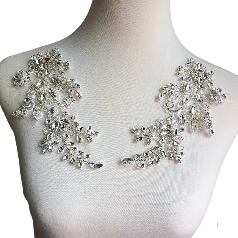 1 Paar handgenähte Glas-Bohrspiegelblumen, funkelnde Strassblumen für Mäntel, Taillenbänder, Schultern, Hochzeitskleider, DIY-Applikation RS4208 – Detail 13